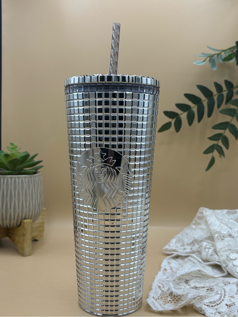 Starbucks Silver Mirrored Mosaic Cold Cup with Straw